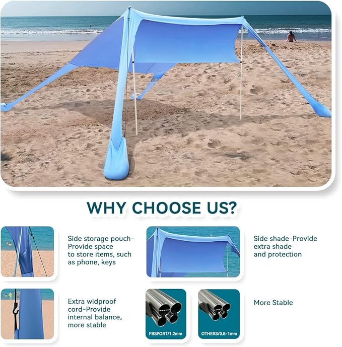 FBSPORT Beach Tent Sun Shelter, Portable Beach Shade Canopy UPF50+ with Sandbags for Outdoor Family Camping, Fishing, Backyard Fun, Picnic, 7 x 7ft