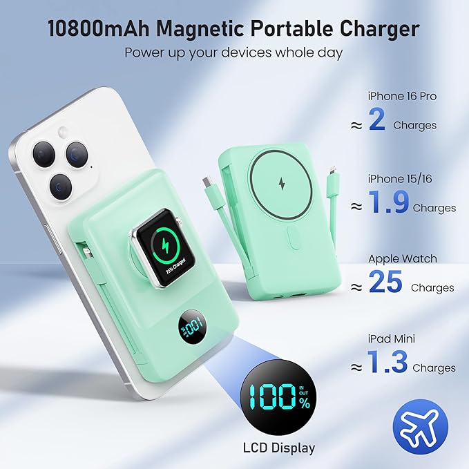 Magnetic Portable Charger for iPhone with Built-in Cables, 6-in-1 10800mAh Power Bank with iWatch Charger & LCD Display,25W Fast Charging Battery Pack for iPhone 16/15/14/13/12,Apple Watch (Green)