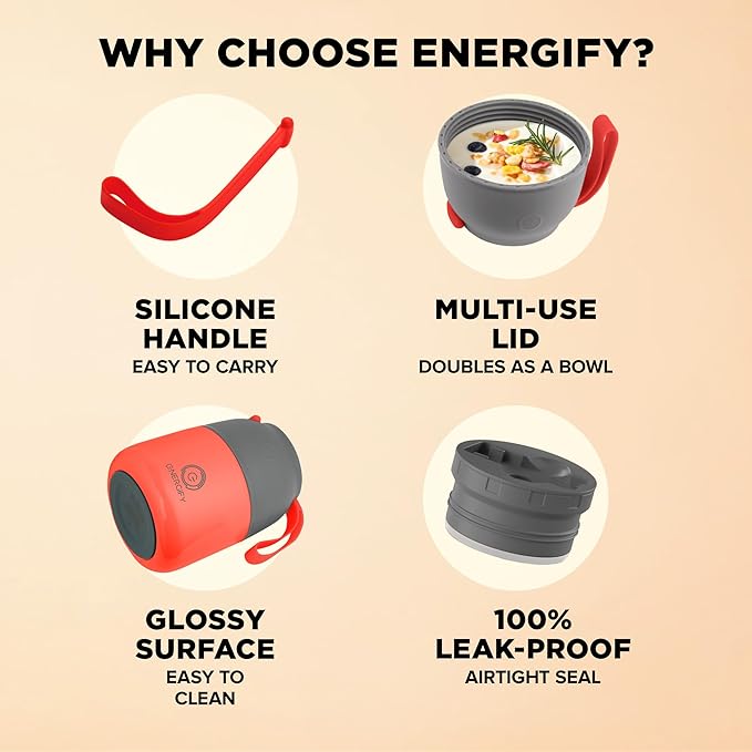 ENERGIFY Vacuum Insulated Food Jar. Large 12oz Bowl incl. Folding Spoon, Cup. Wide Mouth Keep Hot & Cold Drinks Soup Lunch Container for Adults. BPA-Free Stainless Steel, Leak Proof Fusion Coral
