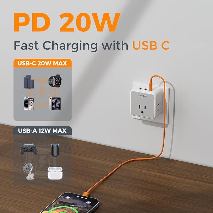 TESSAN European UK Travel Plug Adapter Kit, Universal Detachable Travel Adapter with 3 USB (1 PD 20W) and 3 AC Outlets, Type C G E F Europe Ireland Power Adaptor, US to EU Italy France Greece Spain