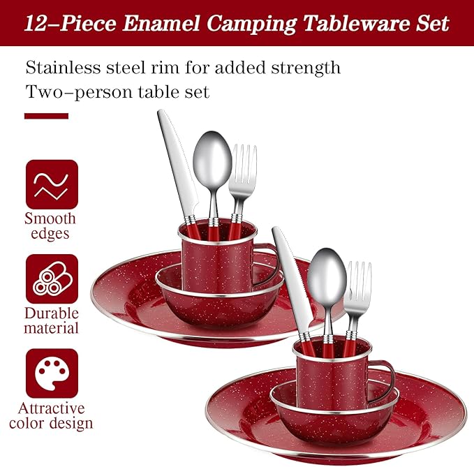 Nuogo 12 Pcs Enamel Camping Tableware Set Dinnerware Kit Includes 12 oz Coffee Mugs Camping Plates Bowls and Utensils Set with Knife Fork Spoon for 2 People Hiking Picnic Outdoor