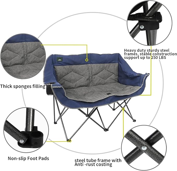 Northroad Folding Loveseat Camping Chair Portable Double Duo Full Padded Garden Chair for 2 Person Sofa w/2 Cup Holder,Wine Glass Holder,Support 600lbs for Picnic Beach Travel (Blue)