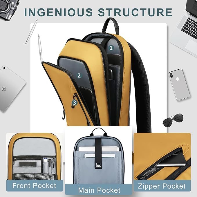hk Backpack for Men Business Slim Backpack with USB Charger Computer Lightweight Anti-theft Travel (Yellow, 15.6 Inch)