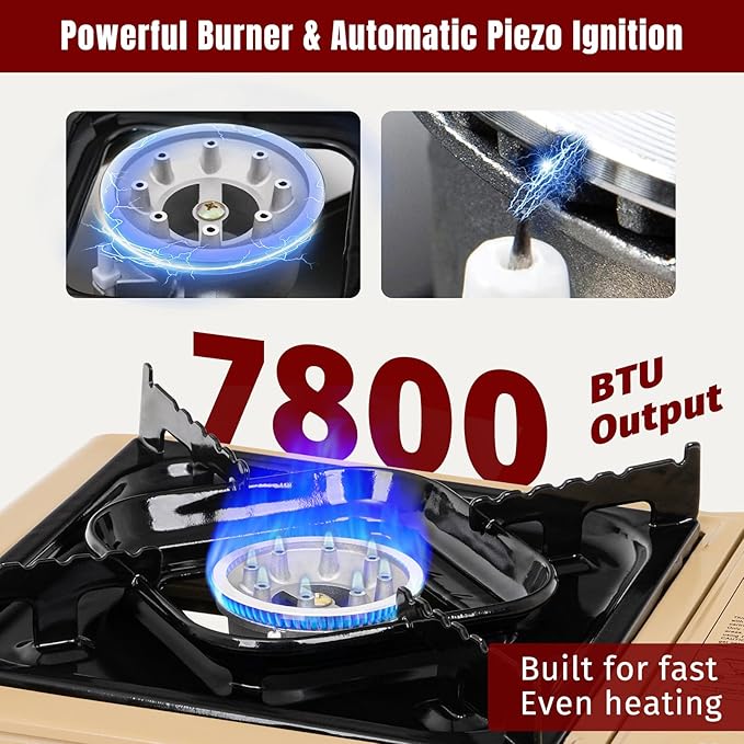 SHINESTAR Dual Fuel Camping Stove with Butane & Propane Compatibility, Portable Stove for Outdoor Cooking, Propane Adapter Hose, Wind Guard and Carrying Case Included, 7800 BTUs Output, Khaki