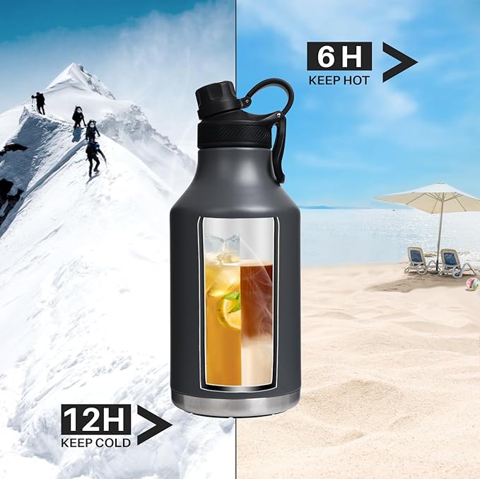 Vacuum Insulated Jug with Straw Lid Dustproof, Half Gallon Insulated Beer Growler, 3 Lids Wide Mouth Thermos Mug, Leakproof BPA Free and Dishwasher Safe - 64 Oz Grey