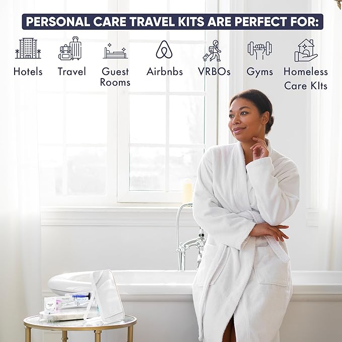 Personal Care Travel Toiletries | 1-Shoppe Amenities Kit | Travel Shaving Set, Toothbrush & Paste, Mouthwash, Makeup Wipes, Swabs, Nail File & Sewing Kit | 75 Pieces