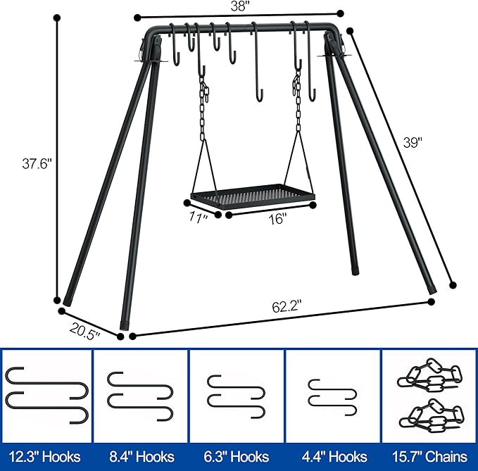 RELIANCER Grill Swing,Campfire Grill Cooking Stand w/8 Hooks & Storage Bag,Cast Iron BBQ Party Swing Grilling Cooking Rack,Outdoor Picnic Camping Cookware Hanging Rack,Collapsible Bonfire Barbecue Set