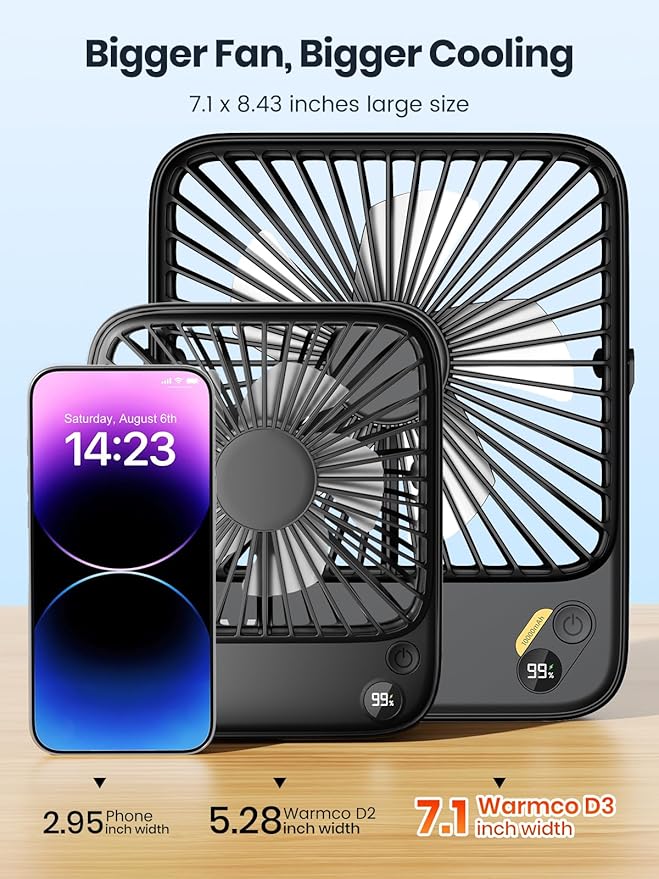 Warmco 10000mAh Portable Travel Fan 7-inch, [10-24H Runtime] Ultra-thin Digital Display Small Desk Battery Operated Fan for Camping, Office, Bedroom, Cruise Essentials 2025