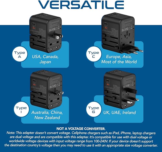 Ceptics Universal Travel Adapter, 35W International Power Adapter with PD & QC 3.0 Dual USB-C, 3 USB Travel Adapter Worldwide, Type I C G A Outlets 110V 220V A/C - EU Euro US UK (11-KU)