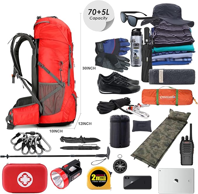 WintMing 75L Hiking Backpack with Rain Cover Waterproof Camping Backpack Shoes Warehouse for Men Women