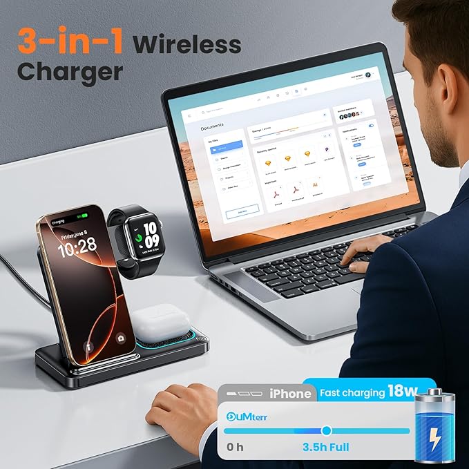 DUMTERR 3 in 1 Charging Station for Apple, Foldable Wireless Charger for iPhone 17 16 15 14 13 12 11 Pro Max, Wireless Charging Station for Multiple Devices for Apple Watch Ultra & Airpods Pro 4 3 2