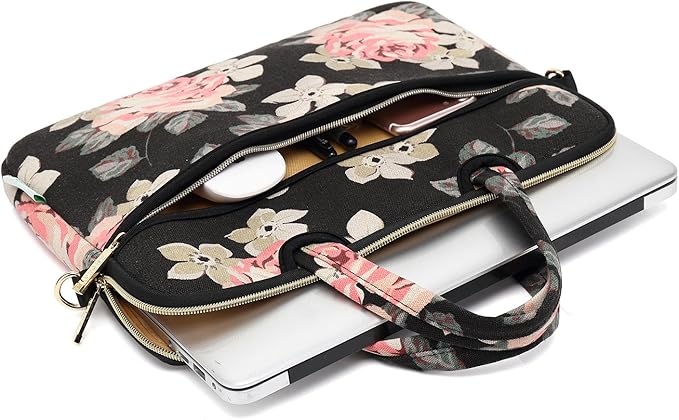 kayond Black Rose Patten water-resistant Laptop Shoulder Messenger Bag Case Sleeve for 14 Inch 14.1 Inch Laptop