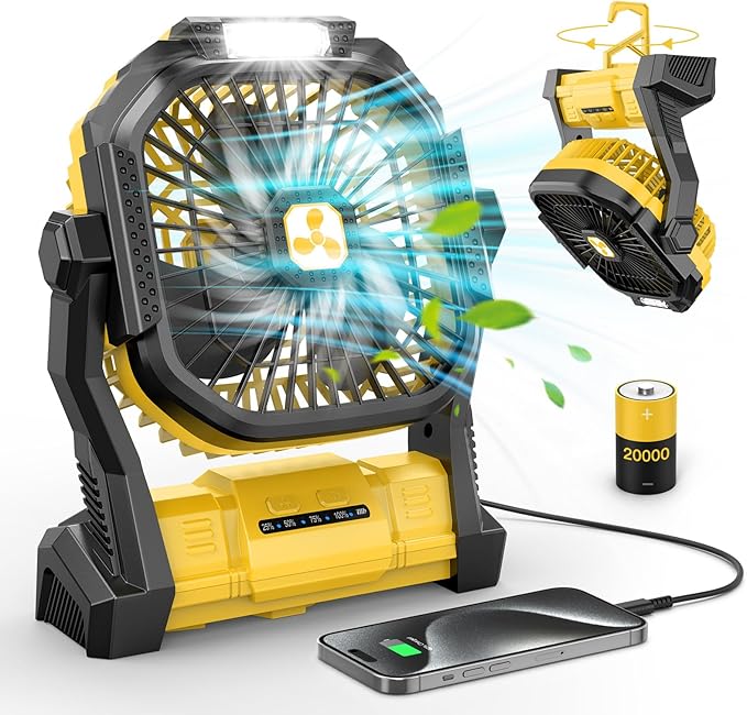 ONLYNEW Portable Fan Rechargeable, 20000mAh Cordless Battery Powered Fan with LED Lantern, USB C Battery Operated for Travel Bedroom Home Camping Tent Office Beach Desk Fishing Table (Yellow)