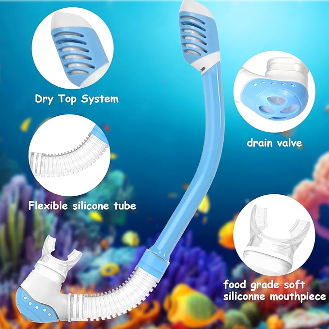 Vvinca Snorkeling Gear for Kids Dry Top Kids Snorkel Set for Boys Girls Junior Youth Children Age 4-14 Swim Goggles with Nose Cover Anti-Fog Panoramic View Adjustable Elastic Diving Mask and Snorkel