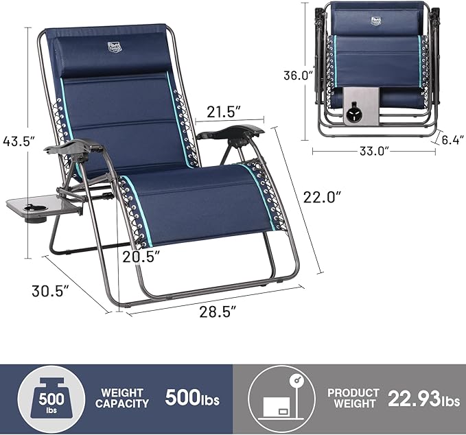 TIMBER RIDGE Oversized Zero Gravity Chair, 33In Wide XXL Zero Gravity Reclining Chair with Side Table, Full Padded Lounge Chair for Outdoor Camping Patio Lawn, Heavy Duty Supports 500lbs, Blue-1 Pack