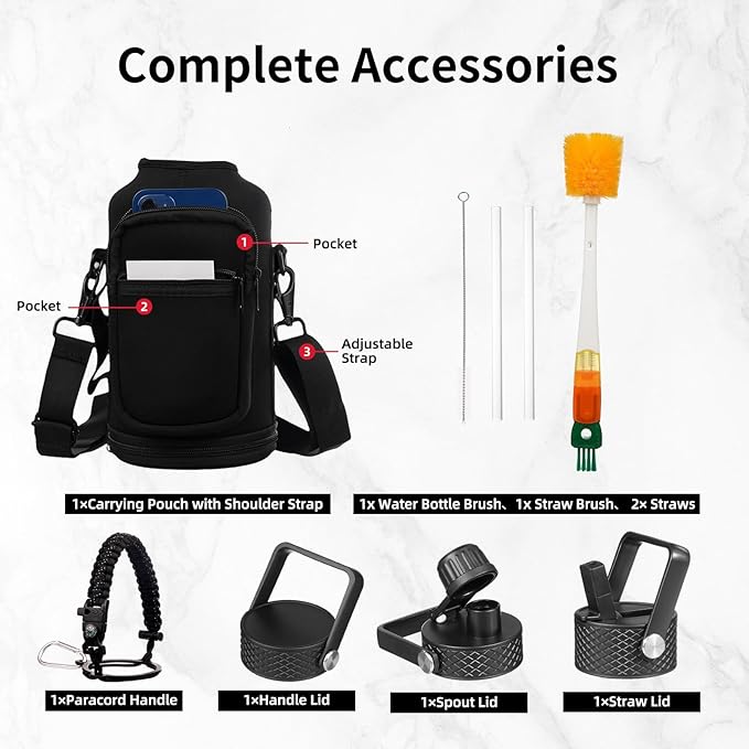 Insulated Water Bottle 64oz,Triple Wall Vacuum Stainless Steel(Dishwasher Safe),Leak Proof & Non-BPA,Flask Jug with Paracord Handle & Straw Spout Lids Sports Black