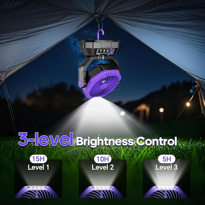 AJVV Camping Fan Rechargeable, Battery Powered Fan With Remote Controller, LED Light, Dual Motors, Stepless Speed, 45°/90°/270° Swing,Timer, Portable fan For Travel/Tent/Beach/Fishing,Violet