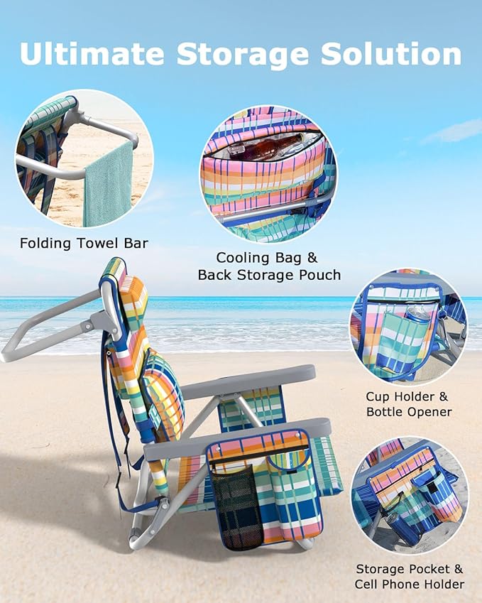 ZENPETIO Beach Chair, Camping Chair for Adults, Reclining Backpack Chair for Pool, Beach, Camping, Outdoors