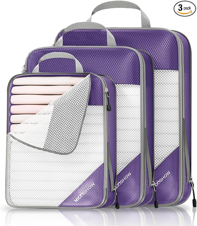 Compression Packing Cubes 3 Set, Compressible Space-Saving Packing Cubes for Travel - Compression Bags, Luggage Organizer, Travel Essentials for Women, Purple