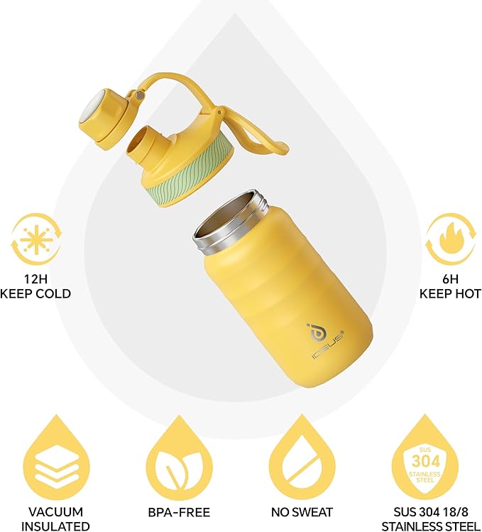 IDEUS Insulated Water Bottle 12oz, Stainless Steel Insulated Water Bottle For School, Insulated Bottles With Straws Leakproof, Vacuum Double Wall Water Bottles For Boys And Girls With 2 Lids, BPA Free
