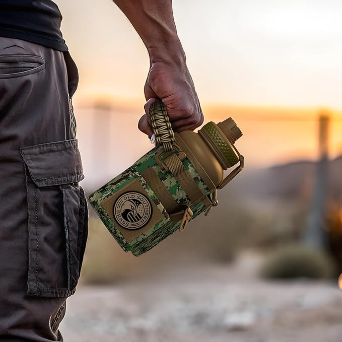 Combat Canteen - 32oz Insulated Water Bottle with Paracord Handle, Stainless Steel Water Jug with Rugged Pockets for Keys, Wallet & Phone - Green Digital Camo