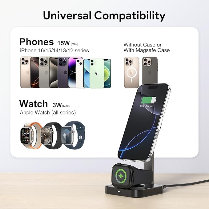 Esoulk 2 in 1 Wireless Charger for iPhone & Watch, 15W Fast Charging for Phone & 5W for Watch, Magnetic Wireless Charger Stand, Compact Foldable Charging Station for Travel
