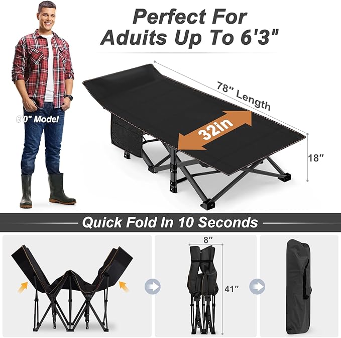 ABORON XXL Camping Cot for Adults 900LBS - 78"×32" Oversized Folding Bed with Mattress Pad, Heavy Duty 1200D Oxford Outdoor Cot with Carry Bag