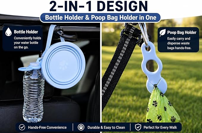 Blue Slow Feeder Travel Dog Bowl Set | 30oz Stainless Steel + 20oz Collapsible Silicone Dish | Water Bottle Holder| Non-Slip, Anti-Choking, BPA-Free | We Give Back