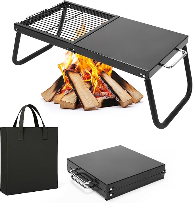 Folding Campfire Grill,Enameled Coating Grate, Heavy Duty Camp Grill Grate, Portable Camping Grates Over Fire Pit, Campfire Grill Cooking Equipment with Carrying Bag for Outdoor Cooking