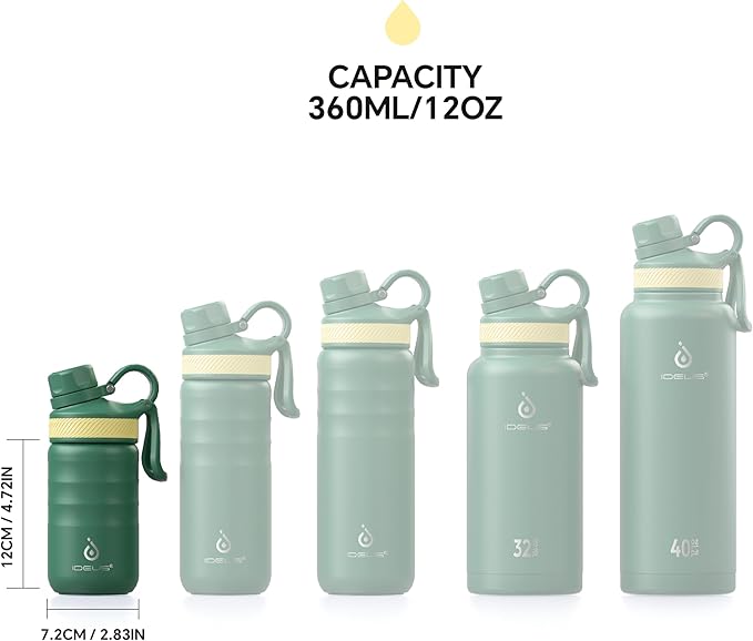 IDEUS Insulated Water Bottle 12oz, Stainless Steel Insulated Water Bottle For School, Insulated Bottles With Straws Leakproof, Vacuum Double Wall Water Bottles For Boys And Girls With 2 Lids, BPA Free