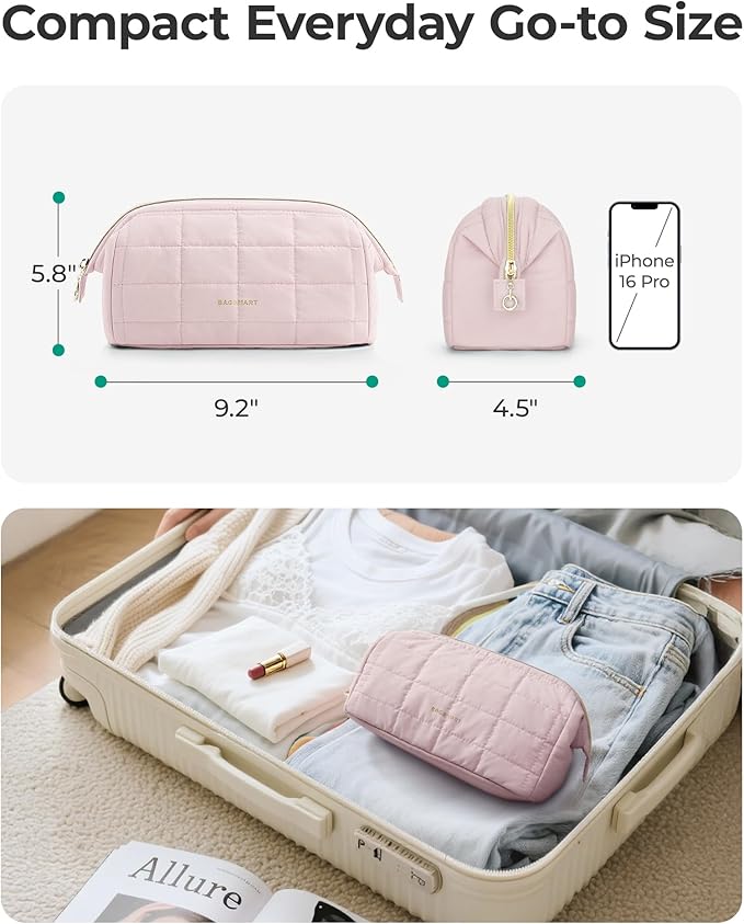 BAGSMART Makeup Bag Travel Toiletry Bag, Puffy Padded Make Up Bags for Women Makeup Organizer Case, Wide-open Pouch Purse Travel Essentials Toiletries Accessories Brushes, Chocolate
