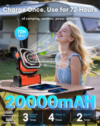 Camping Fan with Bluetooth Speaker Portable Fan,20000mAh Rechargeable Battery Powered Fans, 360° Hanging Hook for Outdoor Picnic Tent Beach Travel Barbecue, Orange