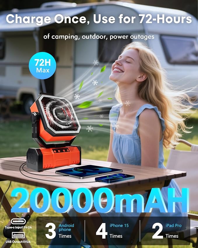 Camping Fan with Bluetooth Speaker Portable Fan,20000mAh Rechargeable Battery Powered Fans, 360° Hanging Hook for Outdoor Picnic Tent Beach Travel Barbecue, Orange