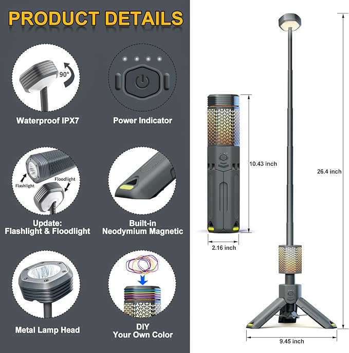 Camping Lantern Rechargeable, Telescoping-Camping-Lights, 10500mAh Capacity Battery Powered,Outdoor-Lantern for Hiking/Adventure/Power Outages, IPX7 Water Resistant(Dark Grey)