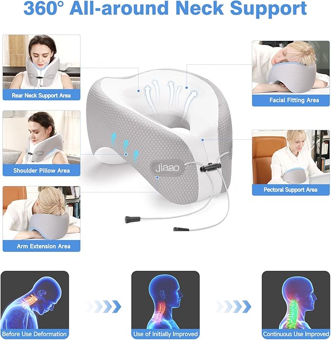 Neck Pillow Airplane, 2025 Upgraded Memory Foam Travel Pillow for International Flights, Adjustable Clasp, Storage Bag, Advanced Neck Support for Road Trips, Home, Office, and Gaming