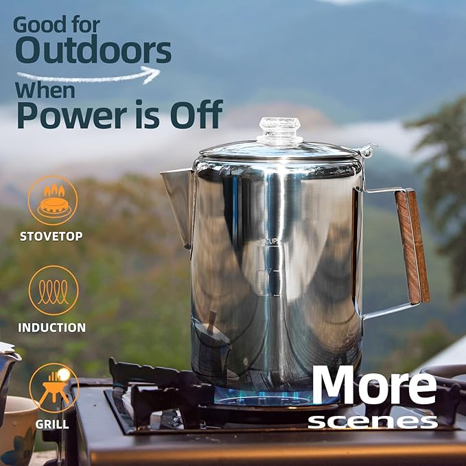 MEREZA Camping Coffee Pot Stovetop Coffee Maker Percolator Campfire Coffee Pot Stainless Steel Coffee Pot Camping Outdoors Home 9 Cup No Aluminum & Plastic Fast Brew