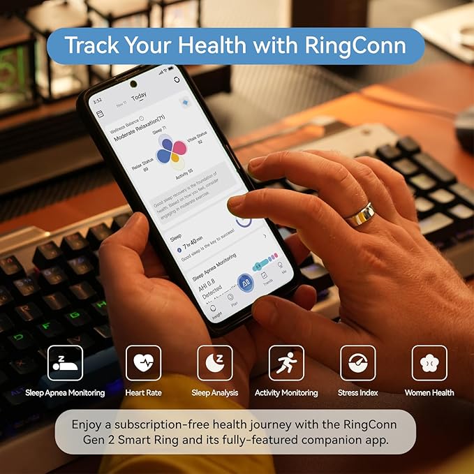 RingConn Gen 2, World’s First Smart Ring with Sleep Apnea Monitoring, No APP Subscription, 12-Day Battery Life, Stress/Heart Rate/Women's Health Tracker, Android & iOS Compatible (Silver, Size 13)
