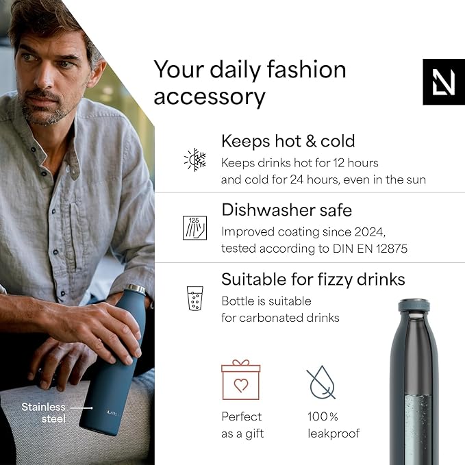 LARS NYSØM Stainless Steel Insulated Water Bottle 12oz 17oz 25oz 34oz 51oz | Insulated Thermo Flask for Hot and Cold Beverages | Leakproof Drinking Bottle (Stone Blue, 33.9oz)