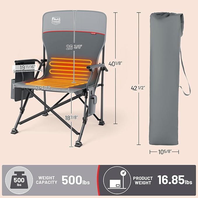 TIMBER RIDGE Oversized Heated Camping Chair for Outdoor Sports, High Back Padded Lawn Chair for Adults Support Up to 500lbs with Cup Holder, Side Pocket(Power Bank not Included)