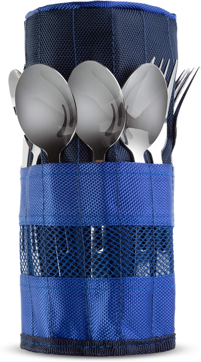 13 Piece Stainless Steel Family Cutlery Picnic Utensil Set with Travel Case for Camping | Hiking | BBQs - Includes Forks | Spoons | Knifes | Chopstick, Plus Nylon Commuter Case (Dark Blue)