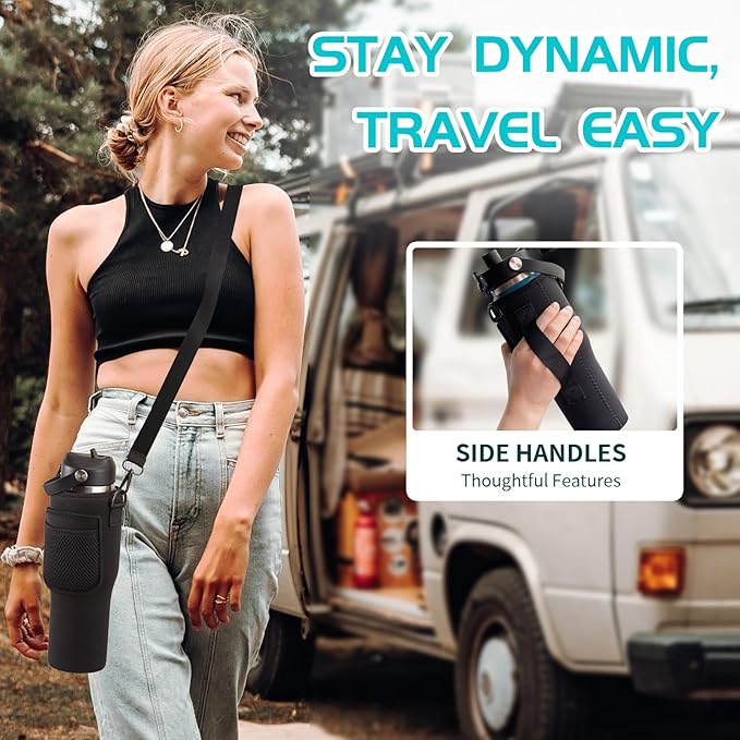 32OZ Insulated Water Bottle with Straw - Stainless Steel Water Bottle w/Carrier Pouch with Strap & Boot, Wide-Mouth Vacuum Insulated Bottle Fit in Car Bike Cup Holder