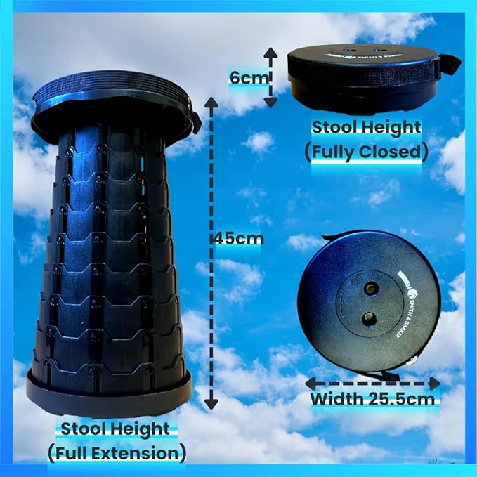 Smith & Barker Upgraded for 2025 Premium Telescopic Folding Stool for Adults and Children Outdoor Indoor Portable Collapsible Foldable Fishing Hiking Camping Festivals Seat (Black)