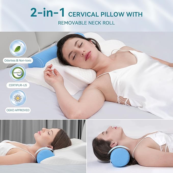 Cervical Pillow with Removable Neck Roll 2-in-1,Orthopedic Memory Foam Pillow for Side, Back & Stomach Sleepers, Ergonomic Traction Support for Neck Shoulder Back Pain Relief, Sleeping Comfort
