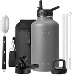 Insulated Water Bottle, 64 oz Stainless Steel Water Bottles with Straw, Leak Proof & BPA Free, Reusable Jug Thermo Flask for Outdoor Sports Gym Camping, Grey