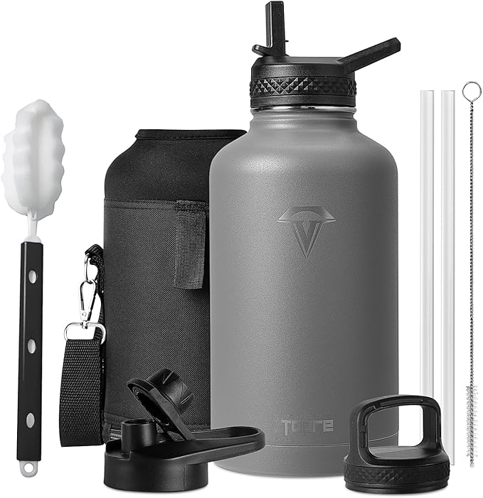 Insulated Water Bottle, 64 oz Stainless Steel Water Bottles with Straw, Leak Proof & BPA Free, Reusable Jug Thermo Flask for Outdoor Sports Gym Camping, Grey
