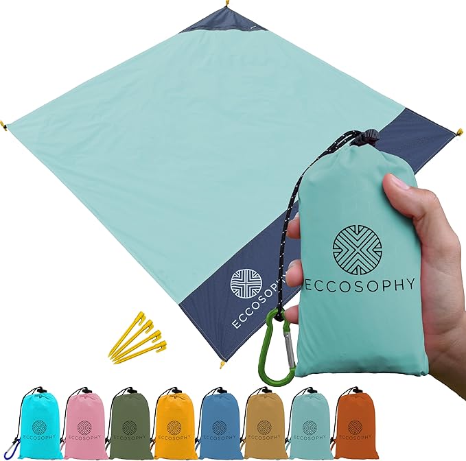 ECCOSOPHY Sand Proof Beach Blanket - Waterproof Picnic Blanket 60x55 Outdoor Compact Pocket Blanket Lightweight Ground Cover for Hiking Camping Festivals Sports Travel with Bag & Stakes (Pistachio)