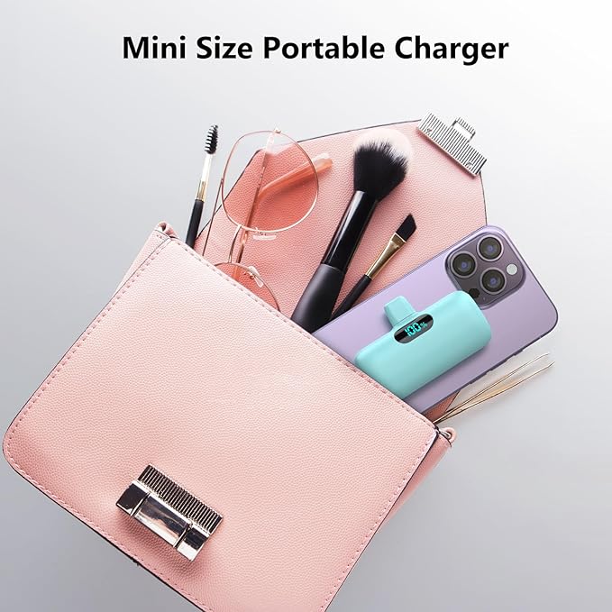 Mini Portable Charger USB C Power Bank,Upgraded 5000mAh PD Fast Charging Battery Pack Built-in USB-C Connector,LCD Display,Compatible with iPhone16,16 Plus,16Pro/Max/15,iPad Pro/Air (Dark Green)