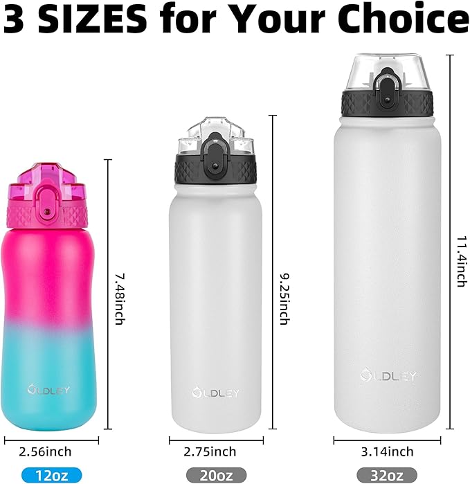Oldley Insulated Water Bottle 12oz Kids Water Bottles with Straw, Stainless Steel Water Bottle with 2 Lids,Double Wall Vacuum Bottle, Leak-Proof Sports Bottles for School Travel, Rose Red-Green