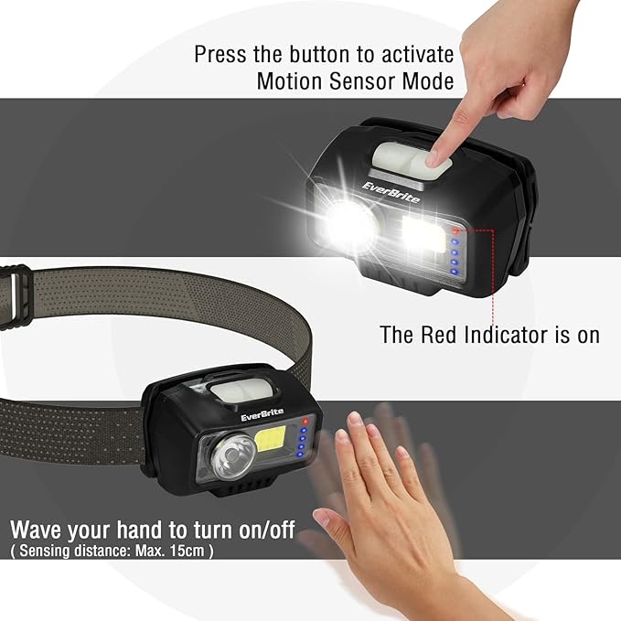 EverBrite Rechargeable Headlamp, LED Bright Motion Sensor Head Lamp Flashlight with 9 Modes, Adjustable Headlight for Adults with White Red Light, Water Resistant, Black, for Hiking, Running, Camping