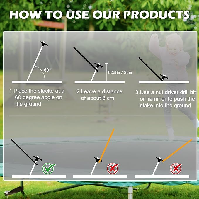 8 Pieces Trampoline Stakes Heavy-Duty: 10 Inch Metal Stake Safety Ground Anchor - for Trampoline/Camping Tent/Canopies/Carports/Sheds/Swing Sets